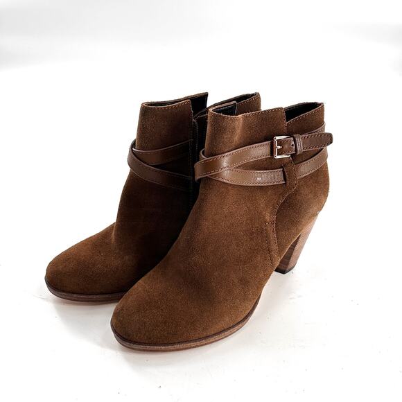 Cole Haan Suede Ankle Boots 5 NWOT Tan Brown Ankle Wrap Buckle Booties Western - Picture 2 of 7